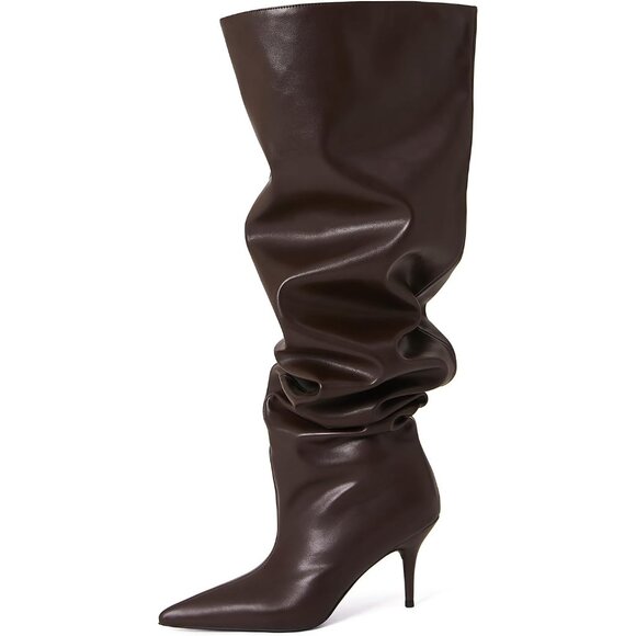 Women's Brown Faux Leather Wide Calf Thigh High Heeled Stiletto Cone Heel Boots - Picture 6 of 7